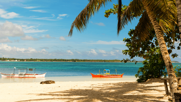 Tropical beach with palm trees, white sand, and boats on turquoise water under a blue sky.