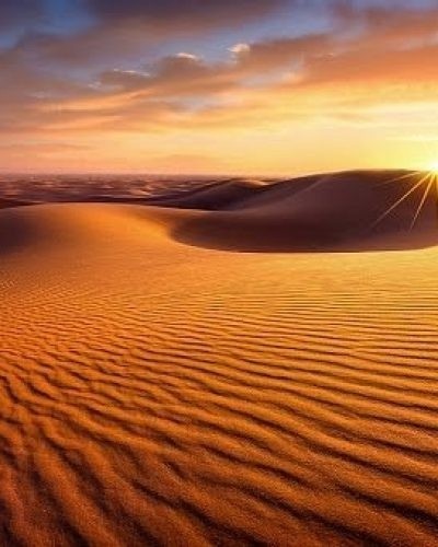 Sun setting over serene sand dunes with rippled patterns under a colorful sky.