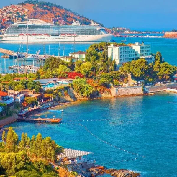 Coastal town with cruise ship in harbor, colorful foliage, and bright buildings along turquoise water.